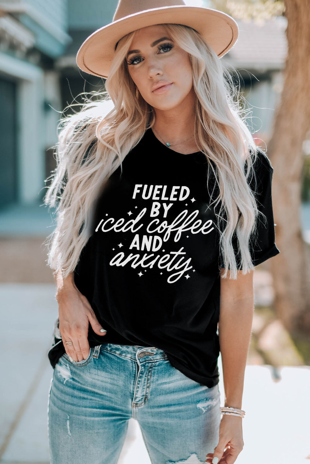 Fueled By Iced Coffee And Anxiety Graphic Tee | Black