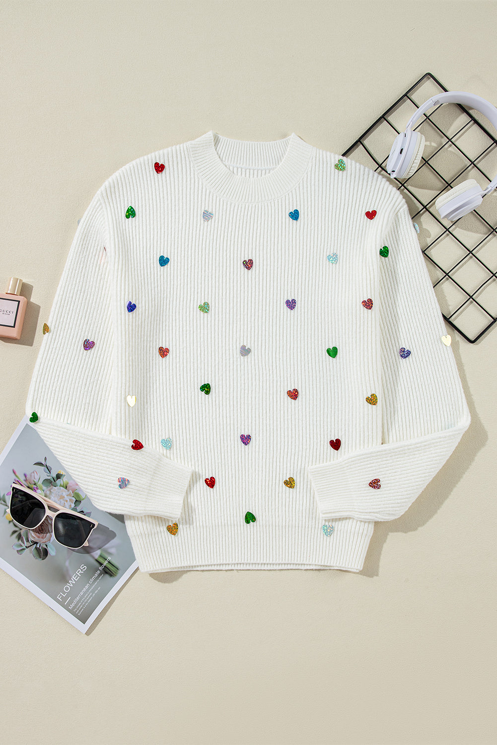 Sequin Heart Shape Waffle Knit Round Neck Sweater | Beige