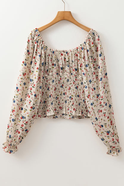 Boho Floral Print Smocked Waist V Neck Blouse | Beige