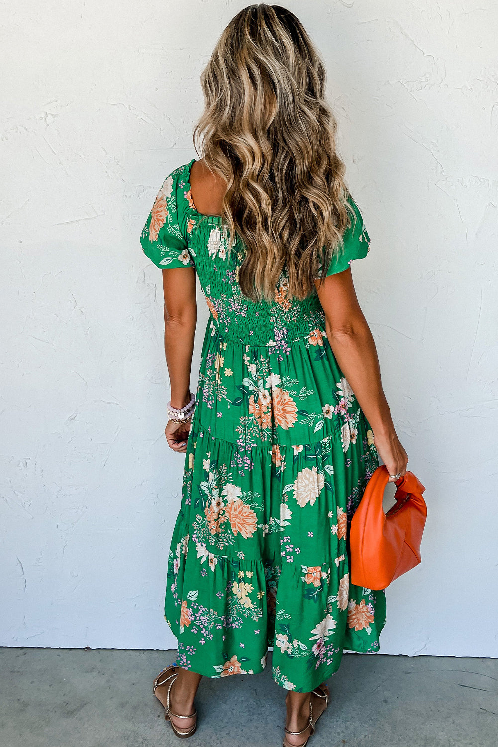 Floral Print Bubble Sleeve Smocked Tiered Midi Dress | Green