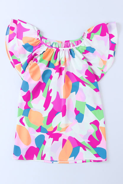 Abstract Pattern Ruffle Short Sleeves Blouse | Multicolour