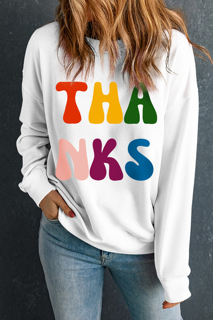 Thanks Printed Crewneck Drop Shoulder Sweatshirt | Beige