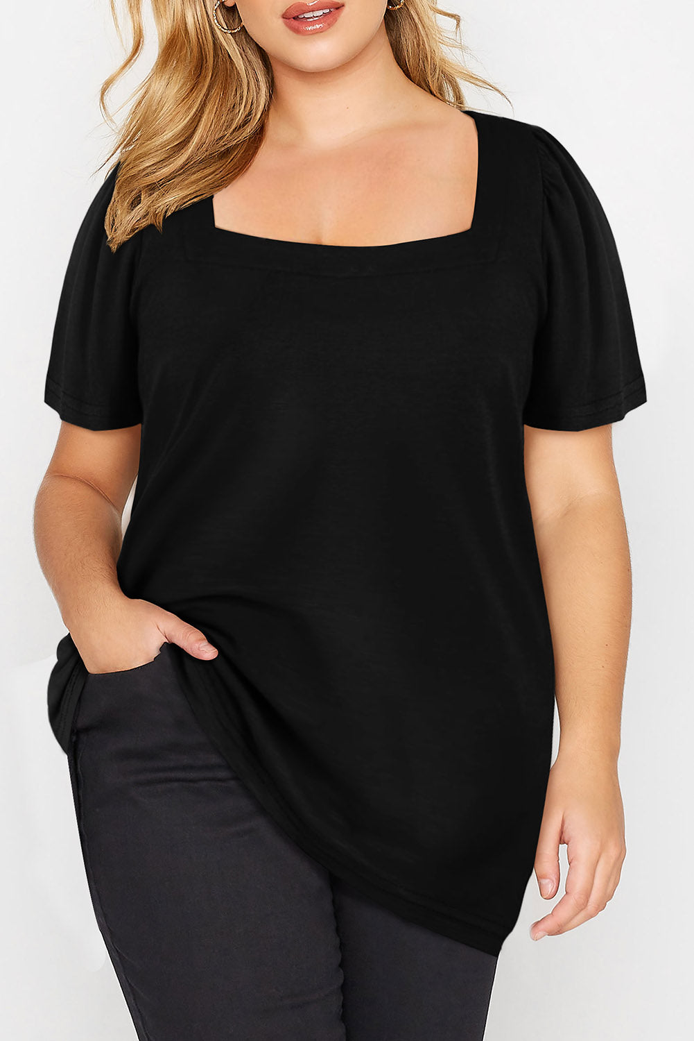 Plus Size Square Neck Ruched Shoulder Short Sleeve Top | Black