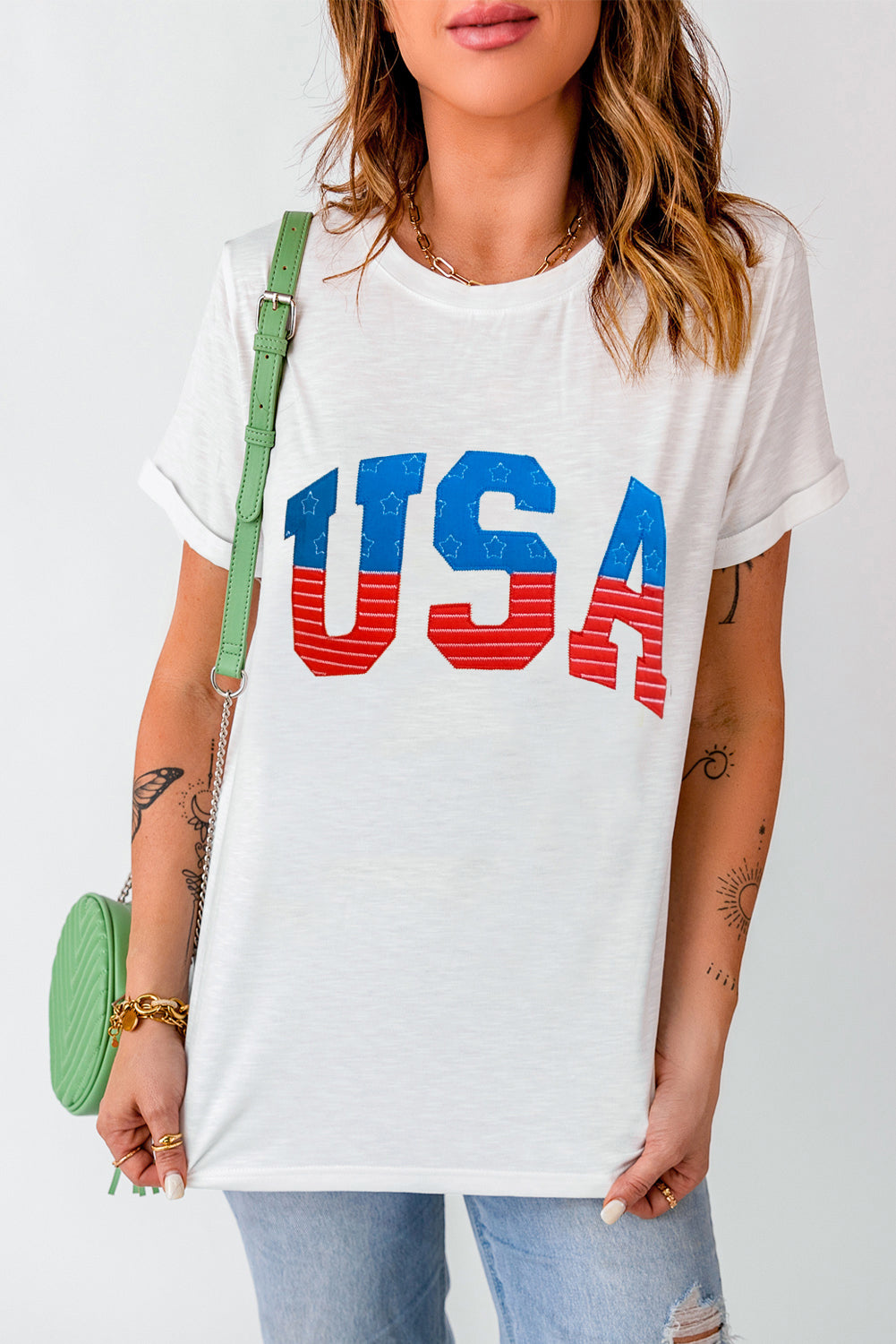 Usa Star And Striped Embroidered Crewneck Graphic Tee | White