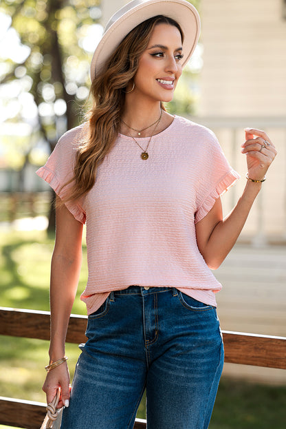 Solid Textured Ruffled Short Sleeve Blouse | Light Pink