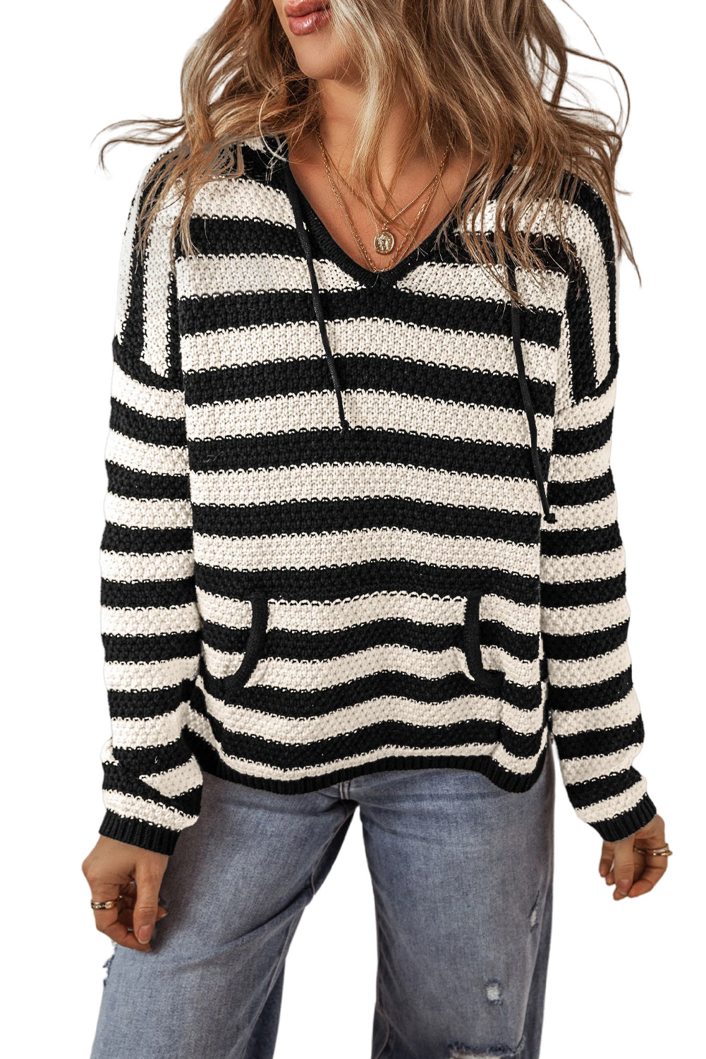 V Neck Pocketed Drawstring Hooded Sweater | White Stripe