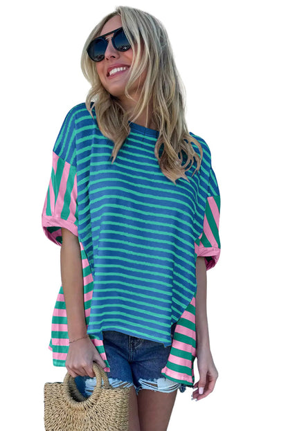 Colourblock Patchwork Baggy T Shirt | Blue Stripe