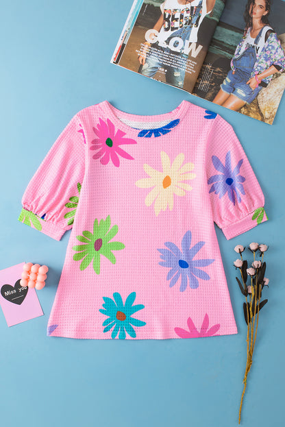 Textured Colourful Floral Print Puff Sleeve T Shirt | Pink