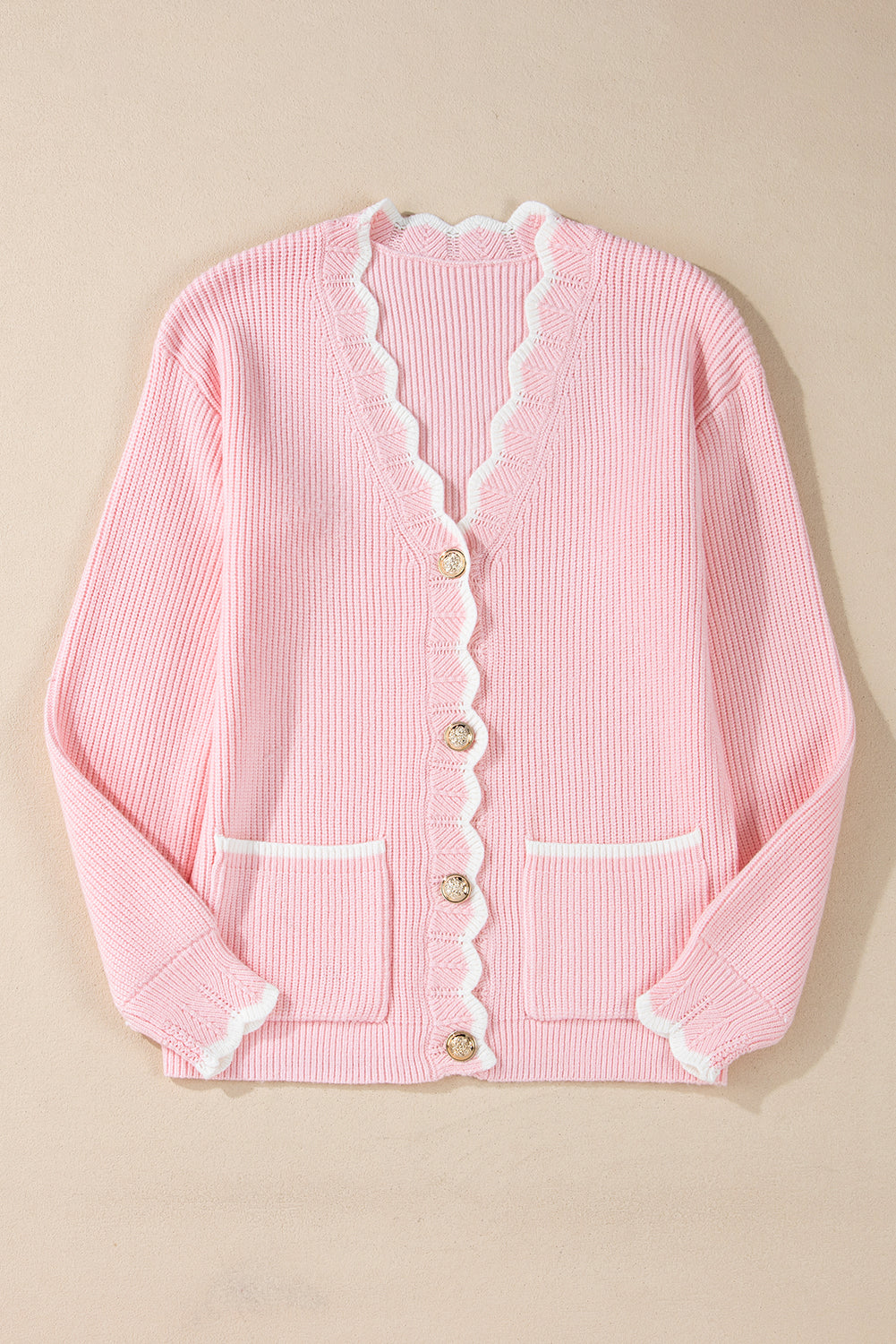 Ribbed Knit Scalloped Edge Side Pockets Buttoned Cardigan | Pink