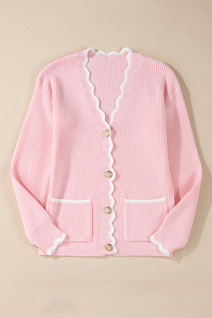 Ribbed Knit Scalloped Edge Side Pockets Buttoned Cardigan | Pink