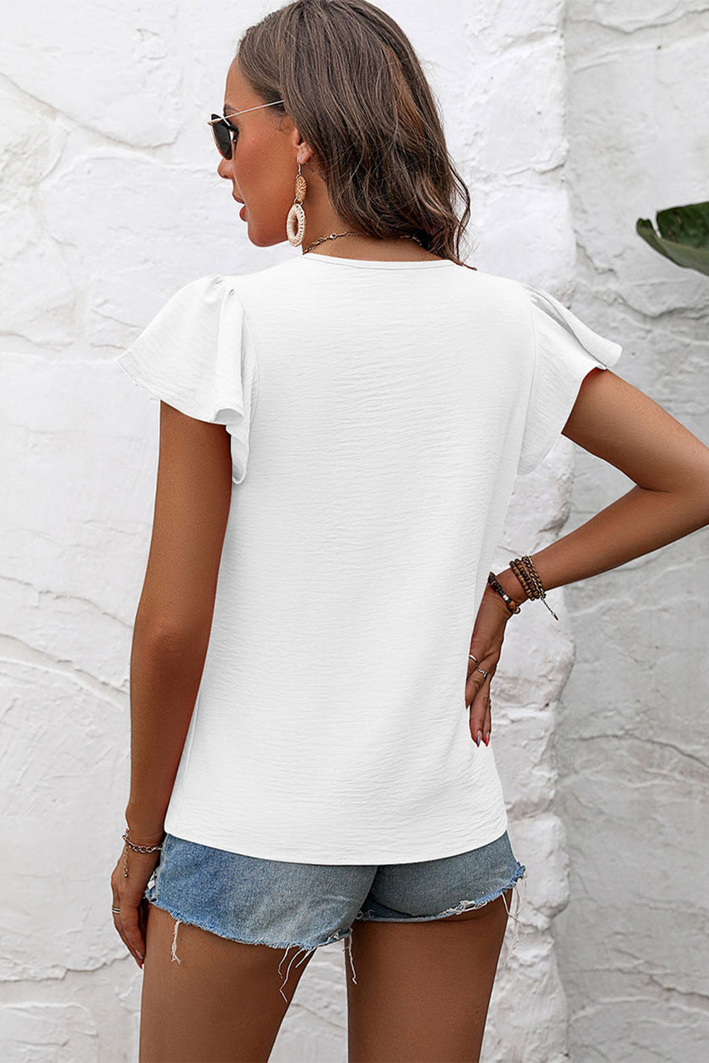 Solid Colour Textured Pleated Flutter Sleeve Blouse | White