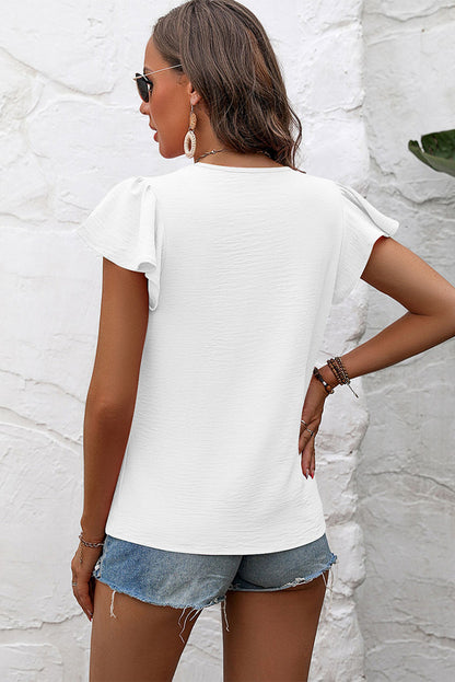 Solid Colour Textured Pleated Flutter Sleeve Blouse | White