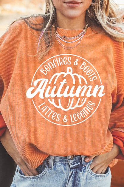 Orange Autumn Pumpkin Graphic Print Corded Oversized Sweatshirt