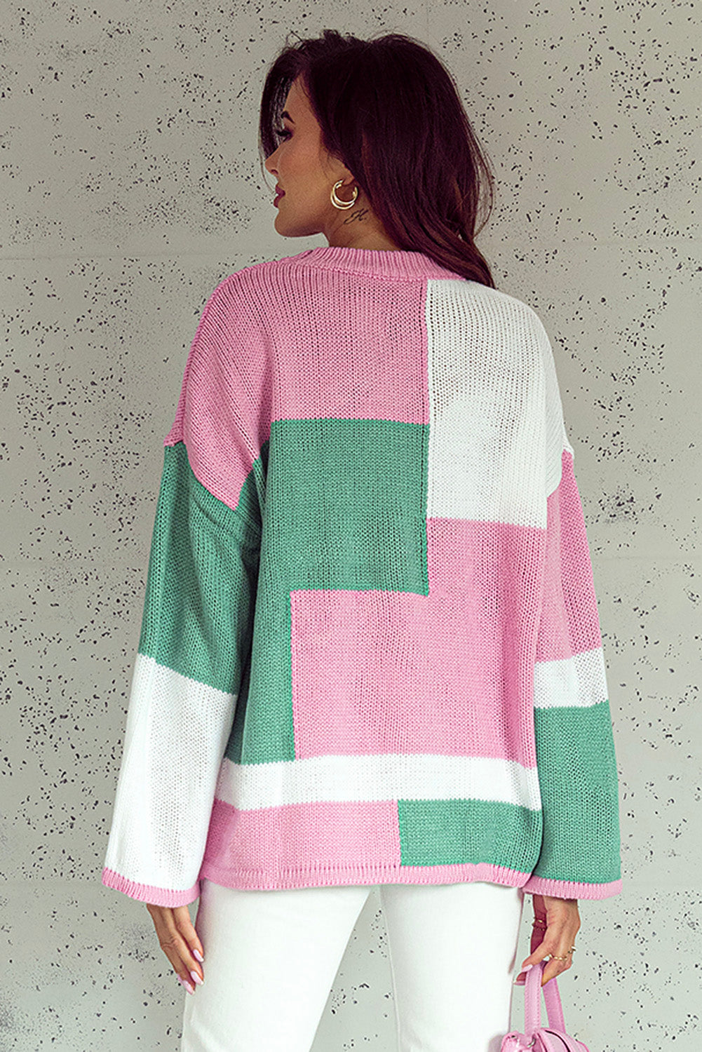 Colourblock Drop Shoulder Bell Sleeve Sweater | Pink