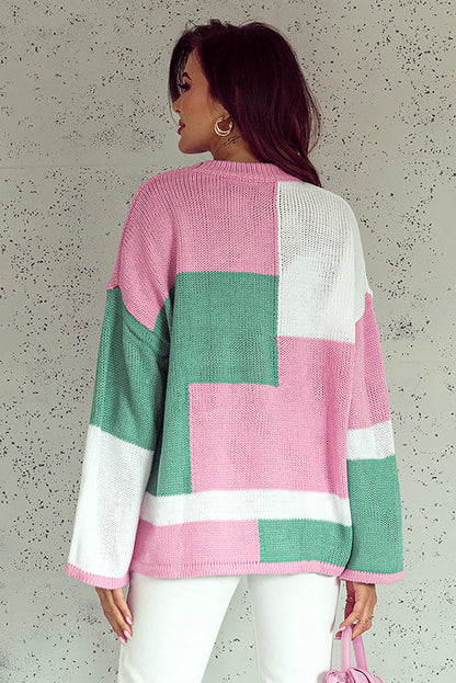 Colourblock Drop Shoulder Bell Sleeve Sweater | Pink