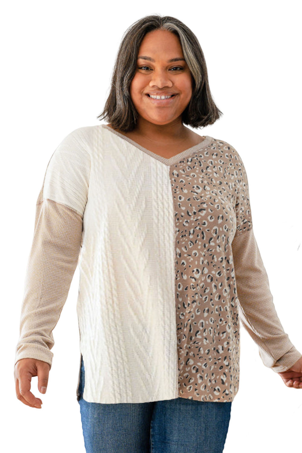 Plus Size Leopard Patchwork Mix Knit Long Sleeve Top | Gray