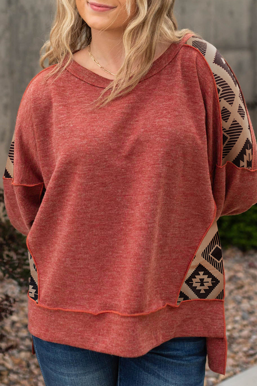 Aztec Patchwork Drop Shoulder Plus Size High Low Sweatshirt | Redwood Burl