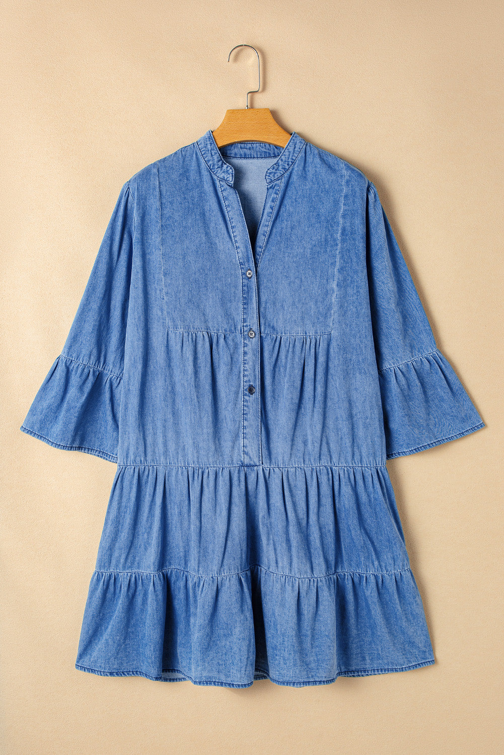 Chambray Ruffled 3/4 Sleeve Tiered Split V Neck Mini Dress | Sky Blue