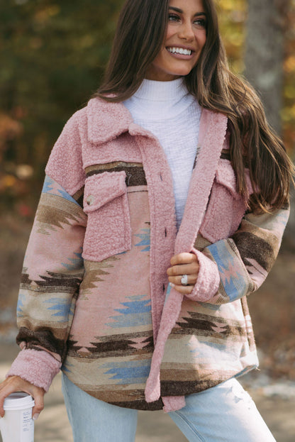 Western Aztec Print Sherpa Splicing Buttoned Flap Pocket Coat | Pink