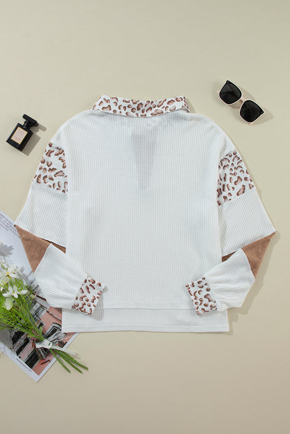 Leopard Patchwork Turn-Down Collar Waffle Top | White