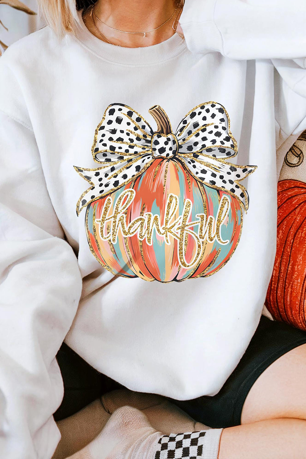 Polka Dot Bow Knot Pumpkin Print Thanksgiving Sweatshirt | Beige