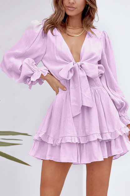 Deep V Neck Lantern Sleeve Knotted Tiered Mini Dress | Pink