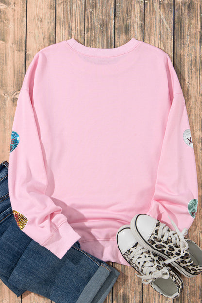 Sequin Romantic Letters Heart Graphic Valentines Sweatshirt | Pink