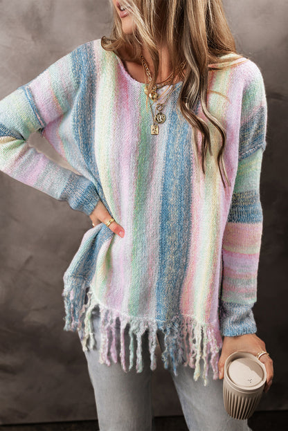 Colour Block Fringed Drop Shoulder Tunic Sweater | Purple