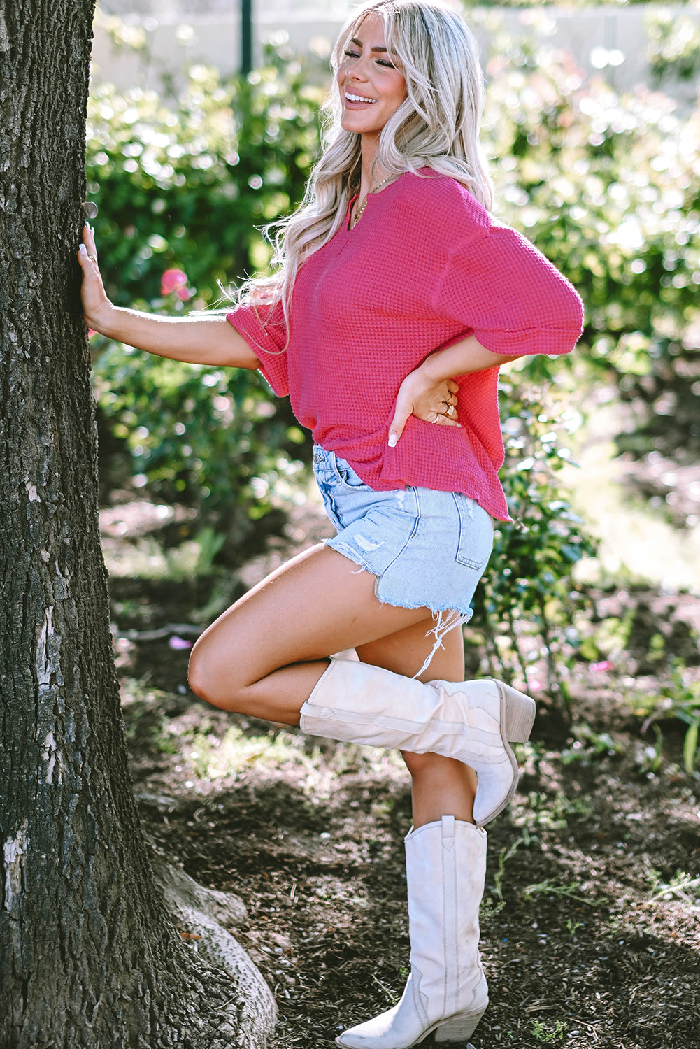 Textured Knit Split Neck Cuffed Short Sleeve Top | Strawberry Pink