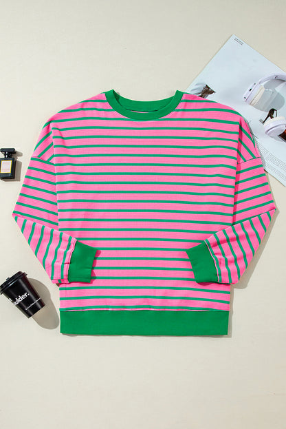 Waffle Knit Crew Neck Plus Size Sweatshirt | Pink Stripe