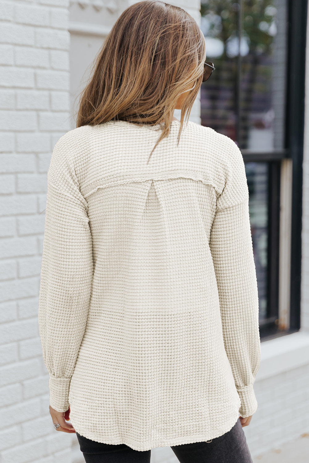 Waffle Knit Split Neck Pocketed Loose Top | Beige