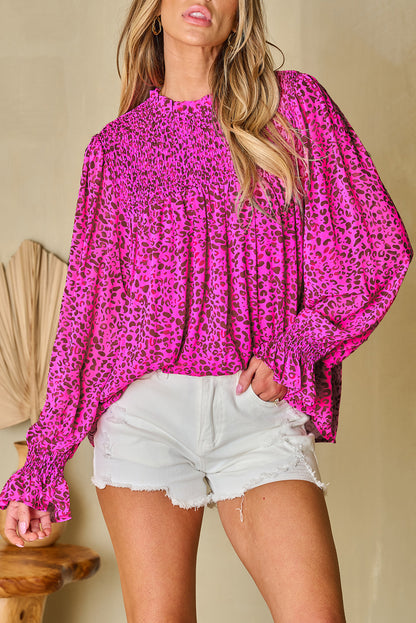 Leopard Shirred Puff Sleeve Flowy Blouse | Rose