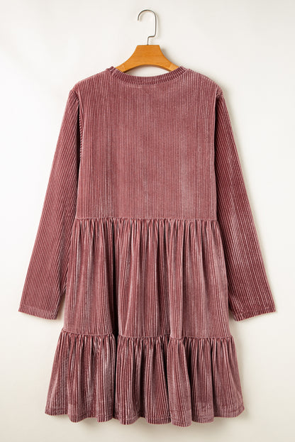 Plus Size Velvet Ribbed Knit Tiered Ruffled Mini Dress | Apricot Pink