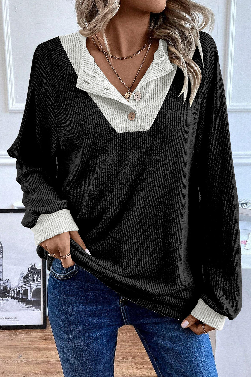 Colour Contrast Ribbed Loose Fit Long Sleeve Top | Black