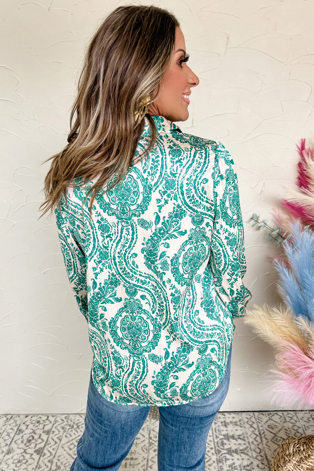 Paisley Print Smocked Cuff Buttoned Loose Shirt | Green