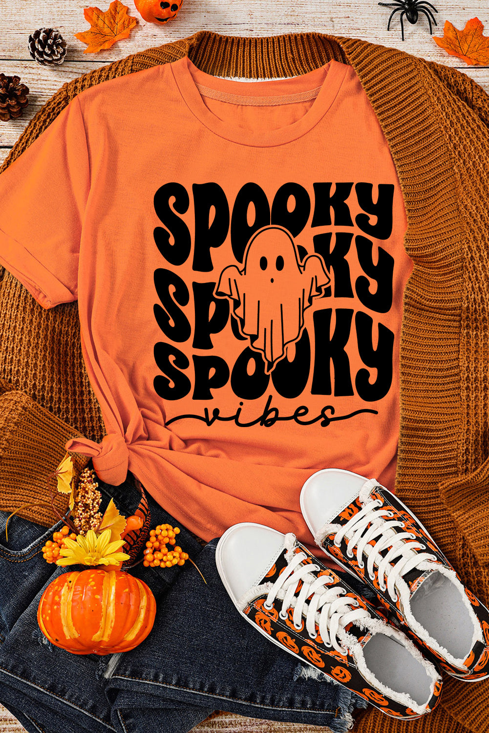 Orange SPOOKY Vibe Ghost Print Crewneck Halloween T Shirt