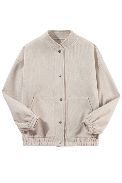 Baseball Collar Snap Button Pocketed Bomber Jacket | Beige