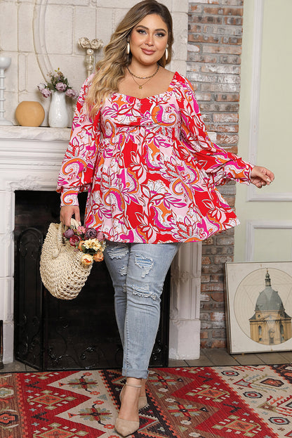 Fiery  Plus Size Floral Sweetheart Neck Babydoll Blouse | Red