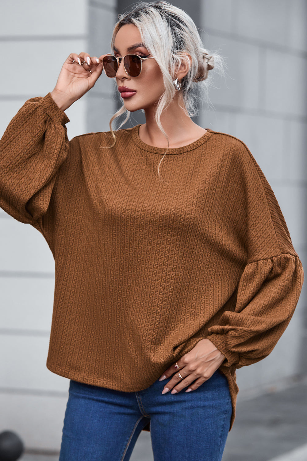 Faux Knit Jacquard Puffy Long Sleeve Top | Orange