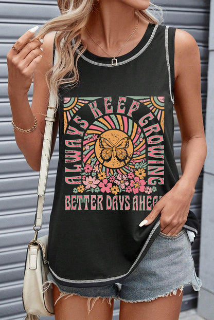 Black Letters Butterfly Floral Printed Stitching Crewneck Tank Top