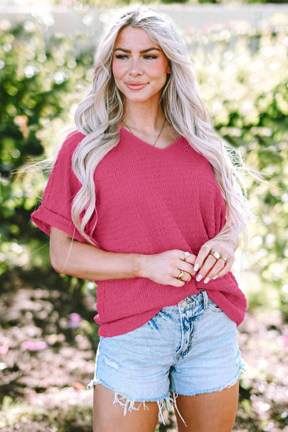 Textured Rolled Sleeve V Neck Tee | Bright Pink