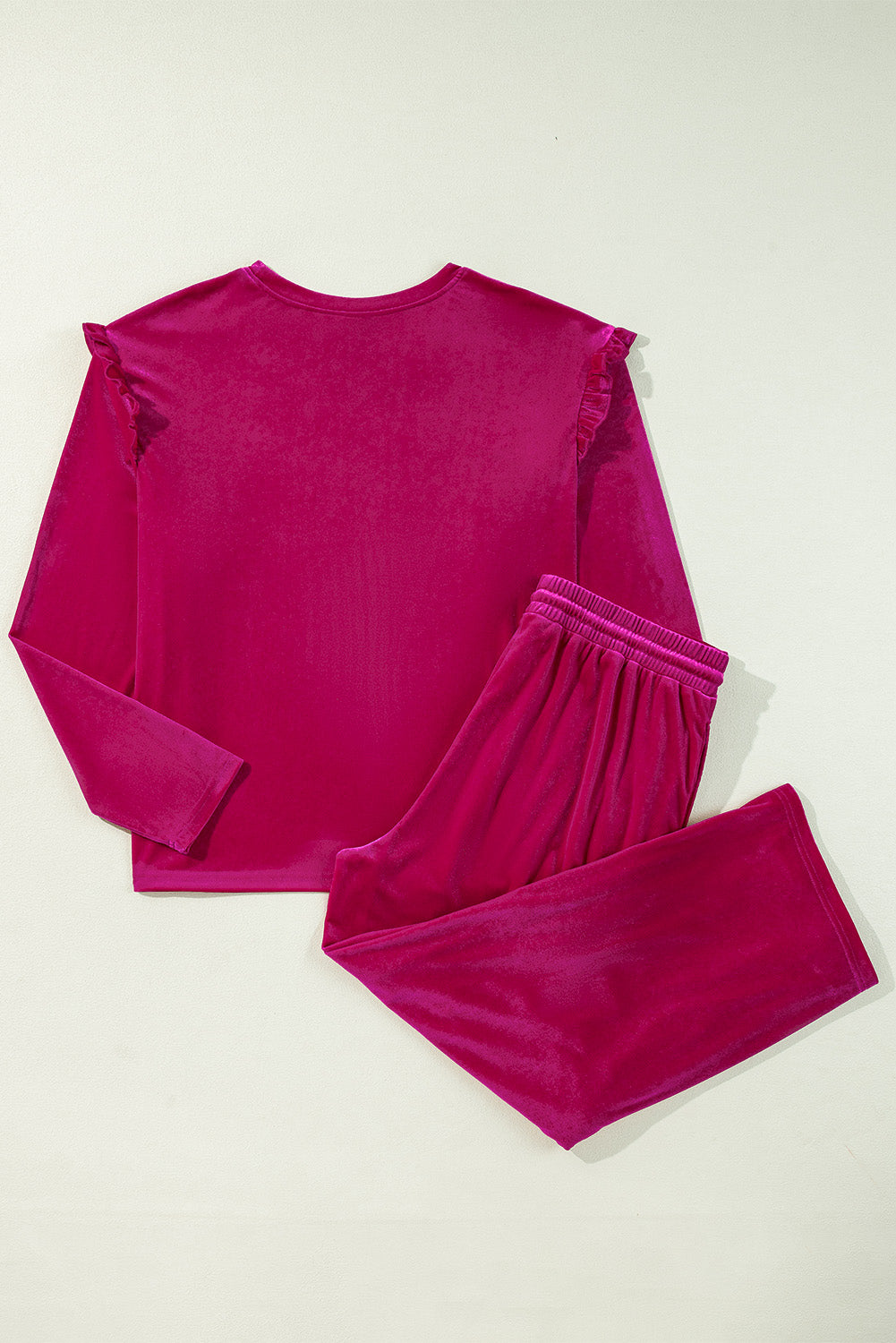 Solid Velvet Ruffled Two Piece Pants Set | Rose Red