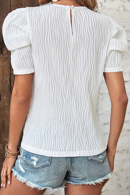 Textured Short Puff Sleeve Tee | White