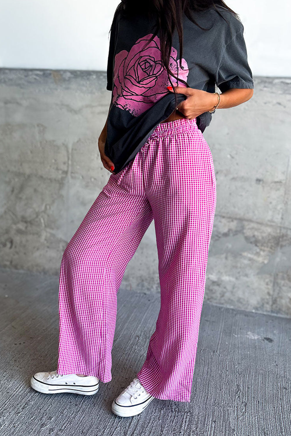 Plaid Print Drawstring High Waist Wide Leg Casual Pants | Pink