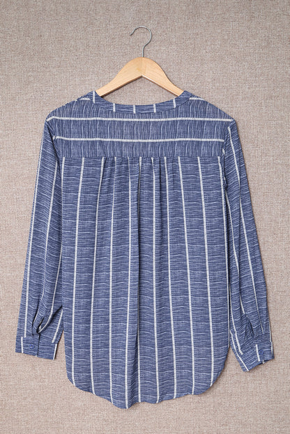 Striped V Neck Pocket Long Sleeve Top | Blue