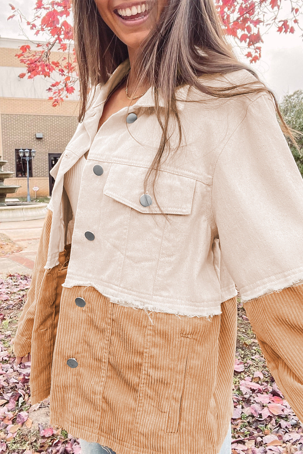 Two Toned Colourblock Cord Chambray Flap Pockets Jacket | Khaki