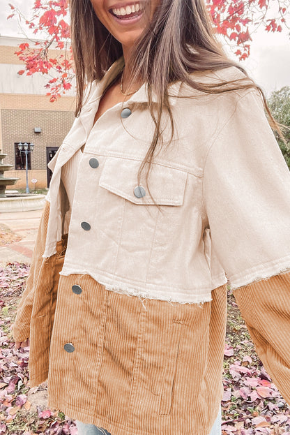 Two Toned Colourblock Cord Chambray Flap Pockets Jacket | Khaki