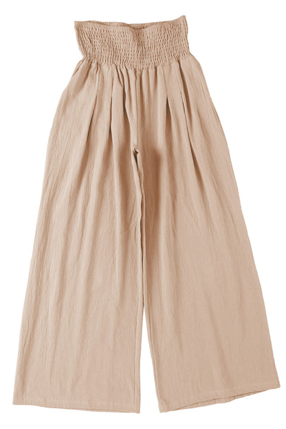 Smocked Wide Waistband High Waist Wide Leg Pants | Khaki