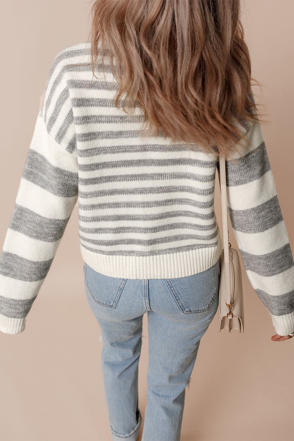 Drop Shoulder Crew Neck Sweater | Gray Stripe