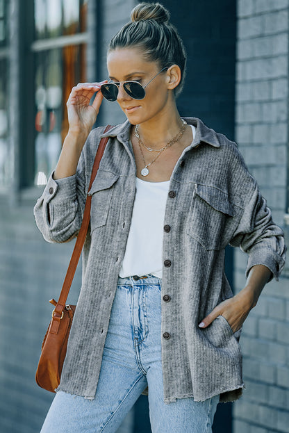 Textured Button Down Shirt Jacket With Pockets | Gray